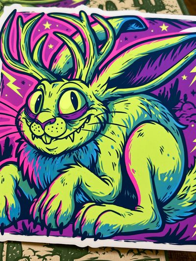 Neon Rabbit Cartoon Poster.