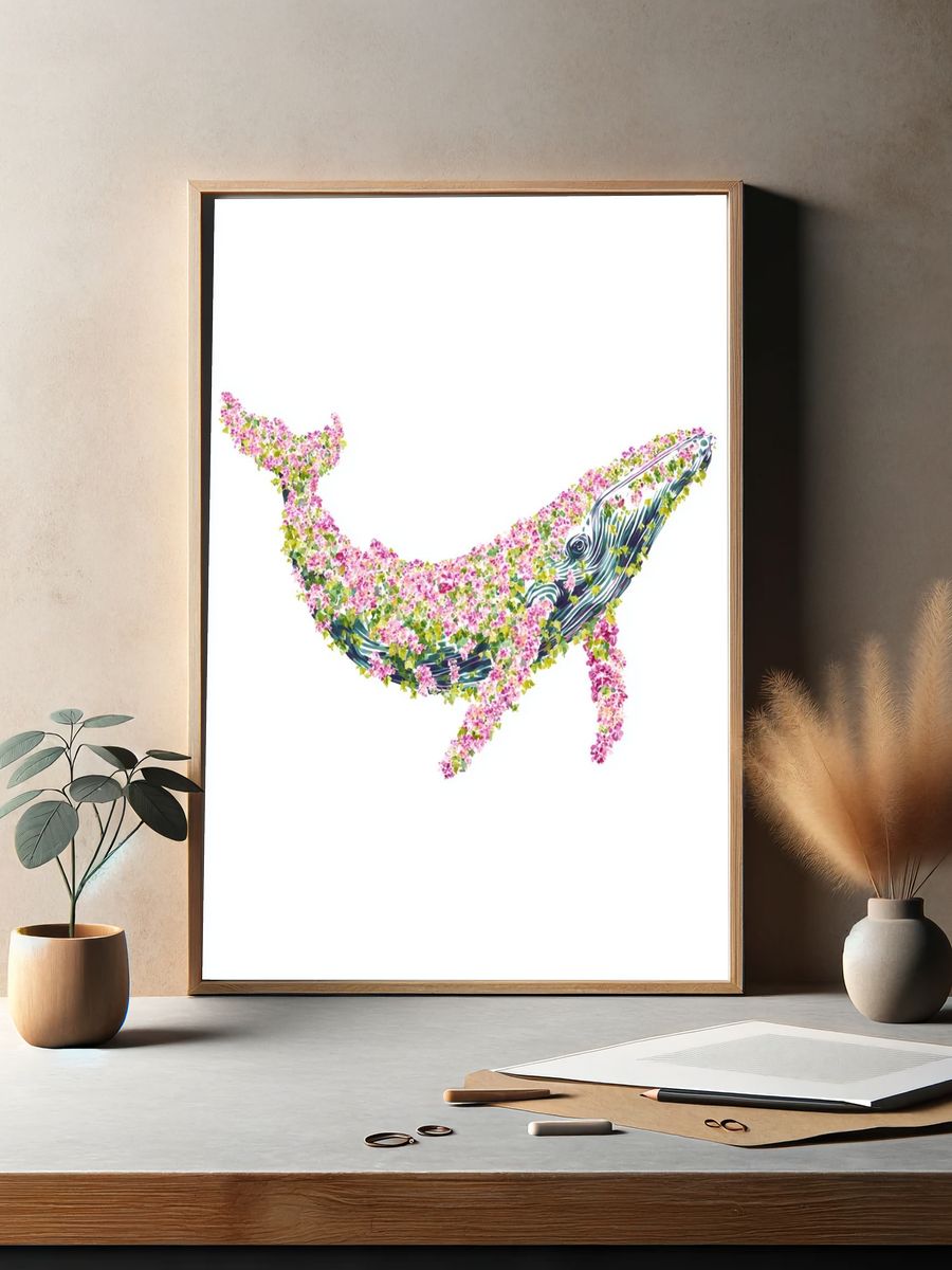 Floral Whale Illustration Poster. — room view 2