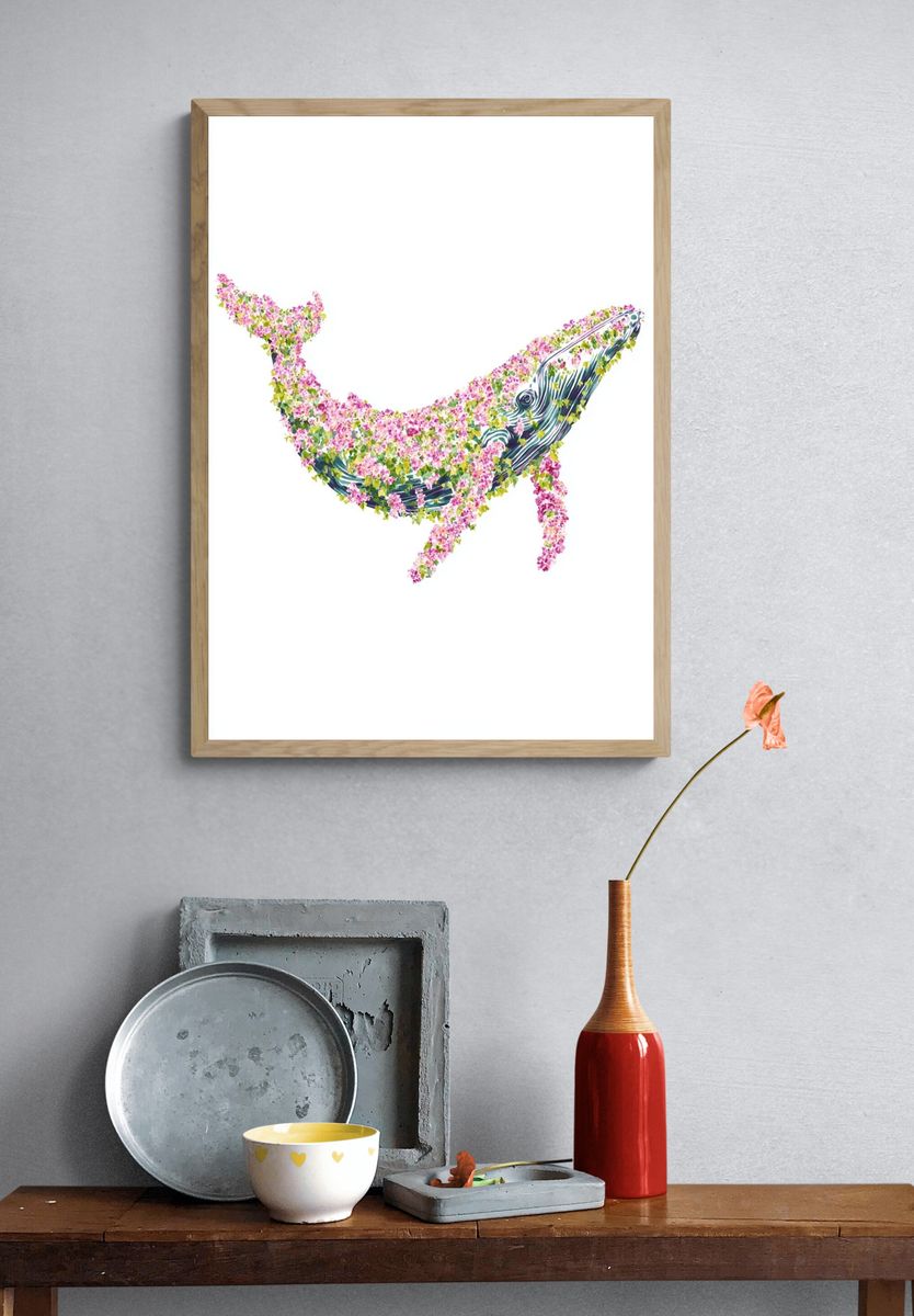 Floral Whale Illustration Poster. — room view 3