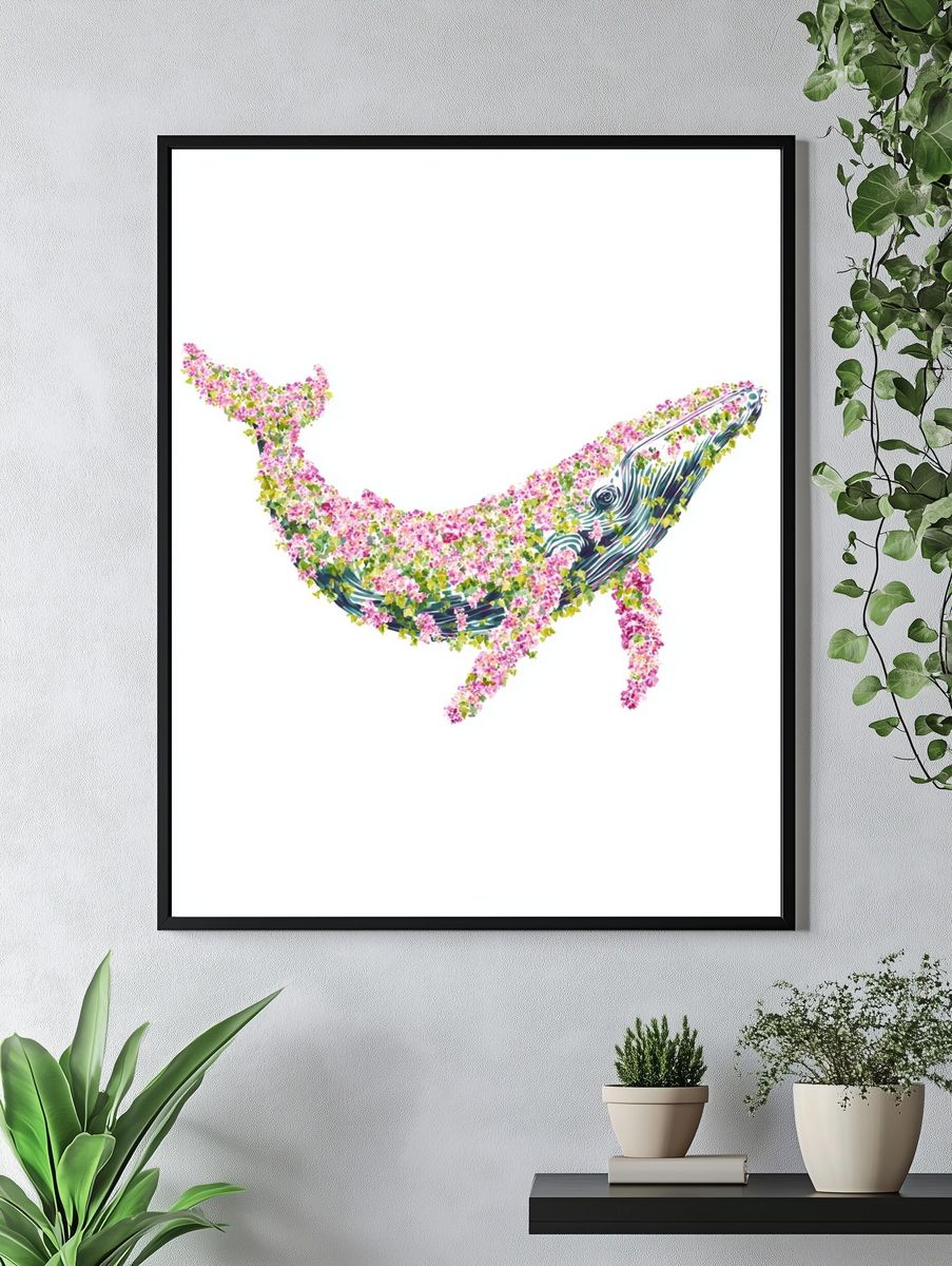 Floral Whale Illustration Poster. — room view 4
