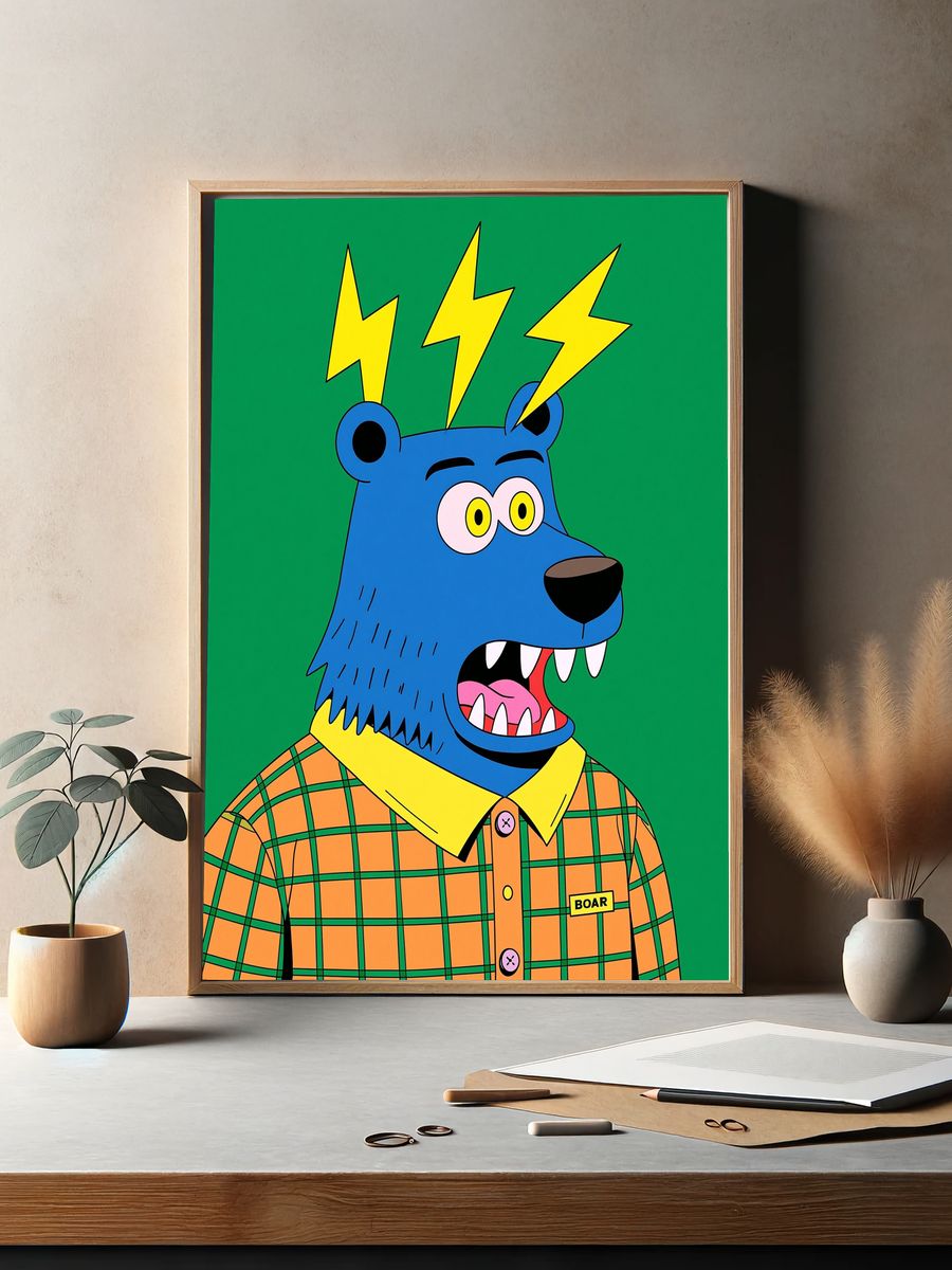 Electric Bear Cartoon Print. — room view 2