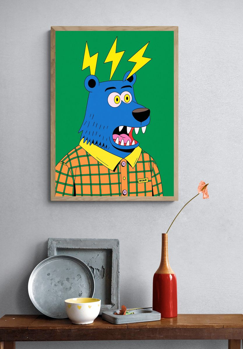 Electric Bear Cartoon Print. — room view 3