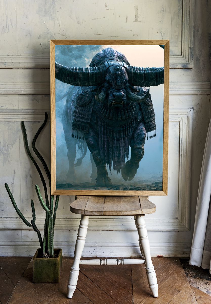 Armored War Bull Fantasy Illustration Poster. — room view 1