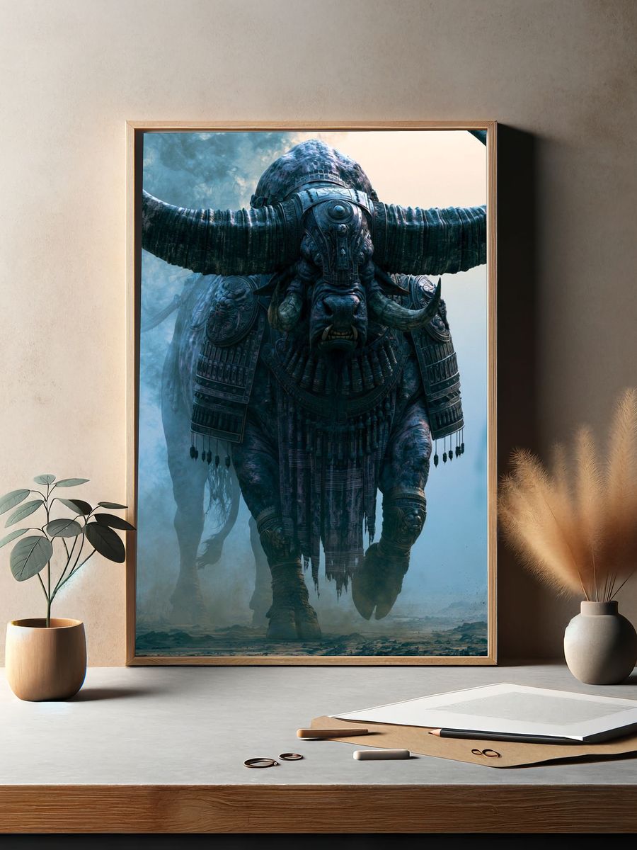 Armored War Bull Fantasy Illustration Poster. — room view 2