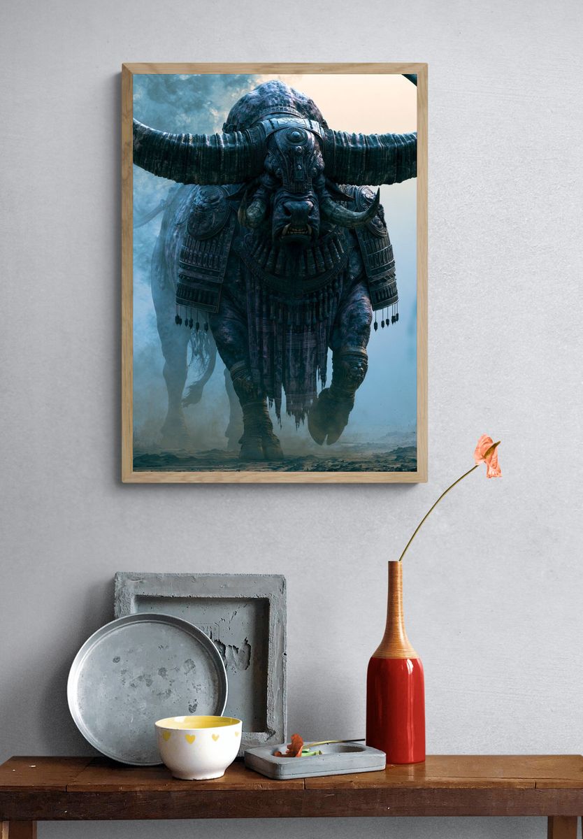 Armored War Bull Fantasy Illustration Poster. — room view 3