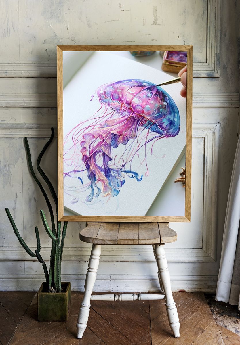 Neon Jellyfish Illustration Poster. room preview