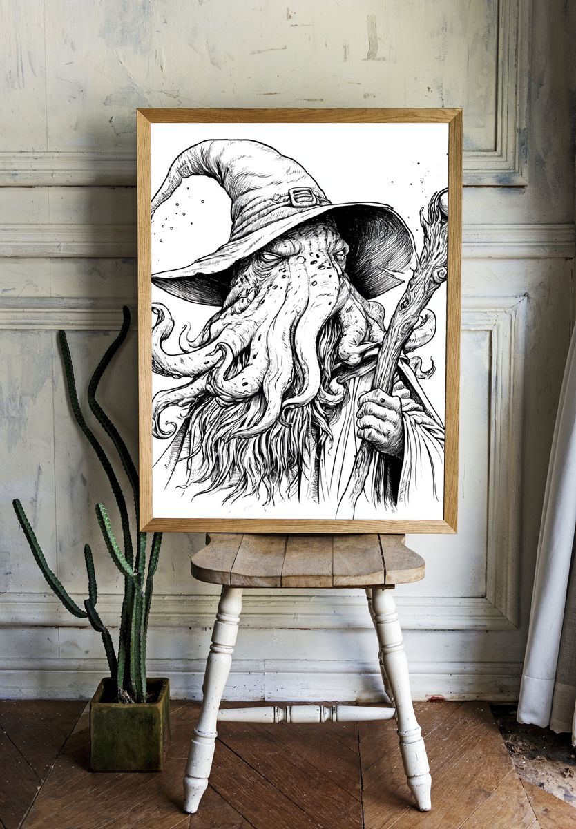 Cthulhu Wizard Ink Print. room preview