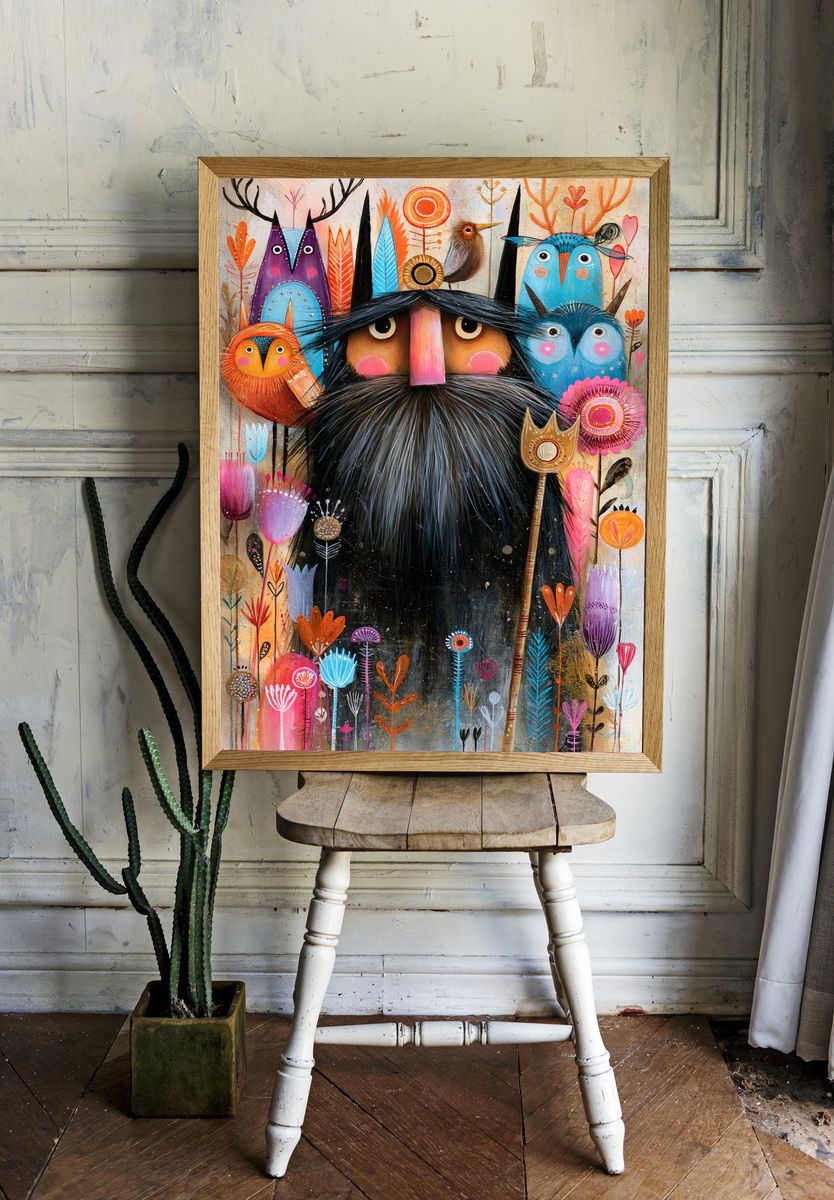 Whimsical Owl Folk Art Poster. — room view 1