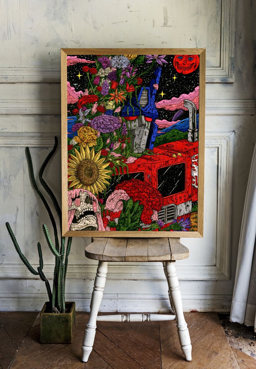 Surreal Floral Skullscape Print. room preview