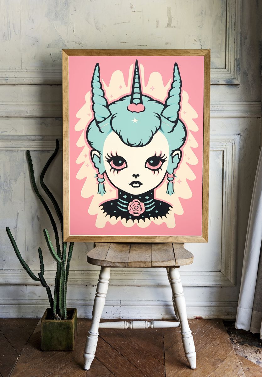 Pastel Unicorn Girl Illustration Poster. room preview