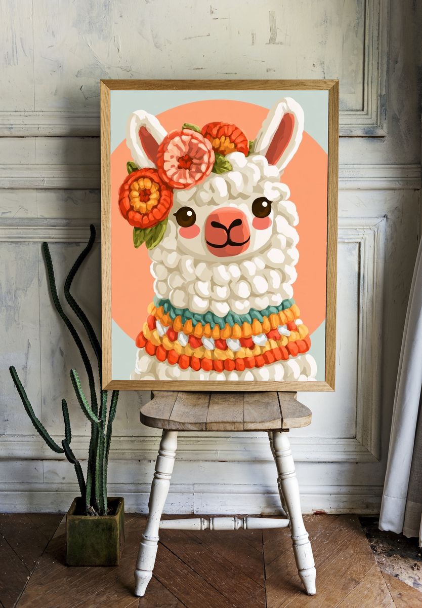 Floral Llama Illustration Poster. — room view 1