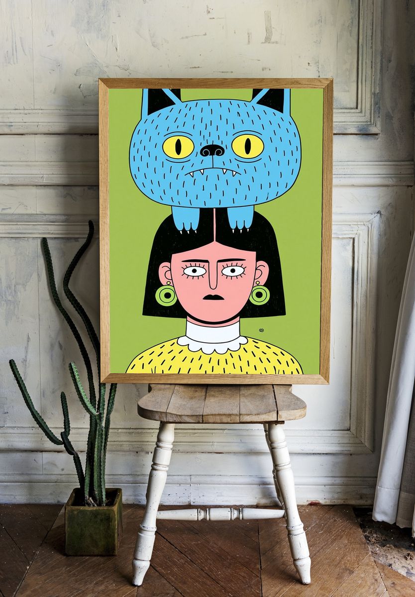 Cat Head Girl Illustration Poster. — room view 1