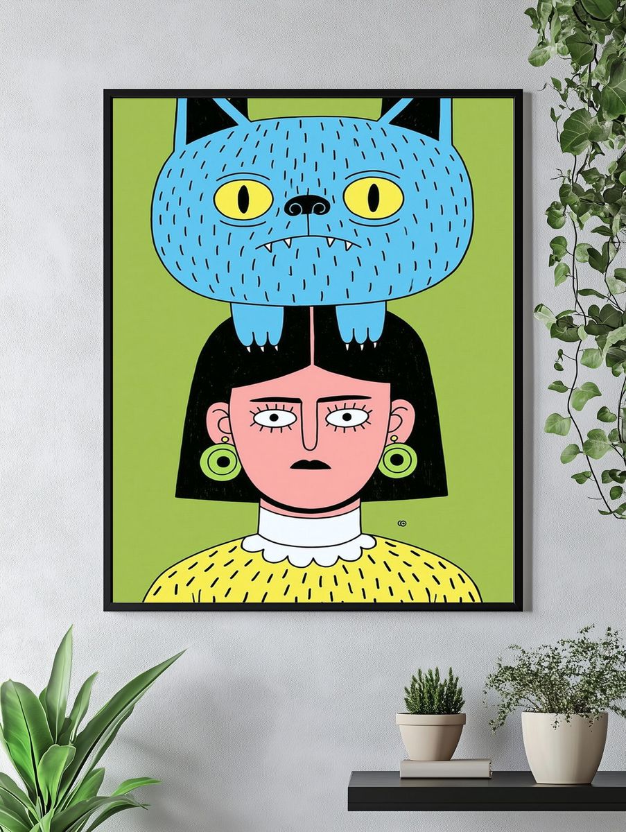 Cat Head Girl Illustration Poster. — room view 4