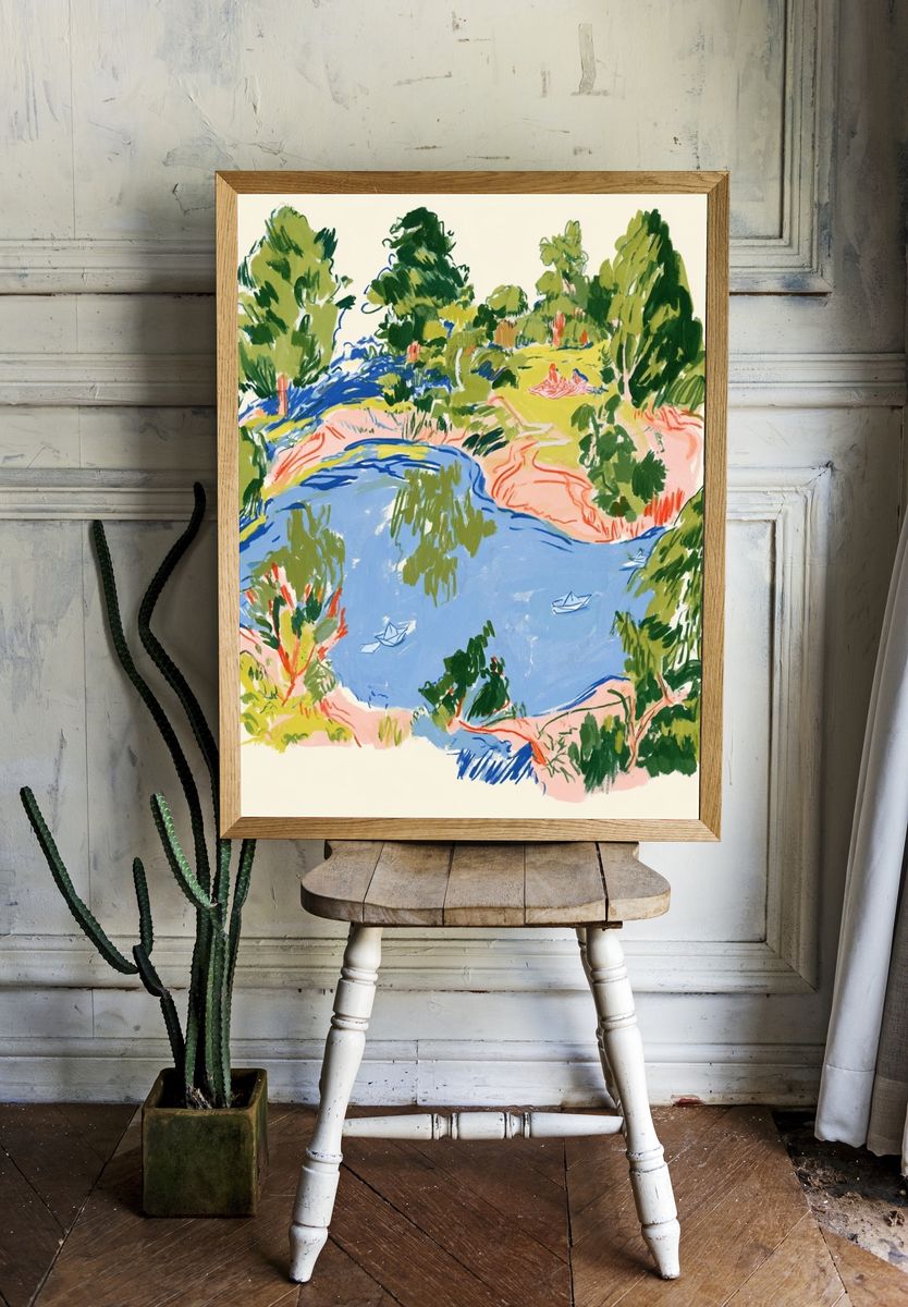Lakeside Landscape Illustration Poster. — room view 1