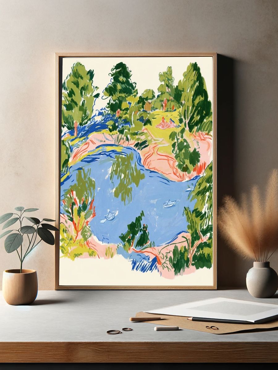 Lakeside Landscape Illustration Poster. — room view 2