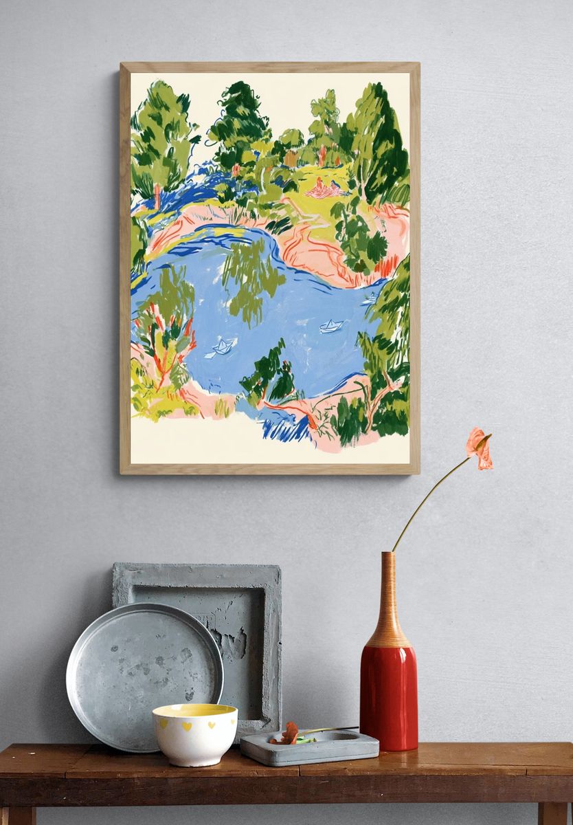 Lakeside Landscape Illustration Poster. — room view 3