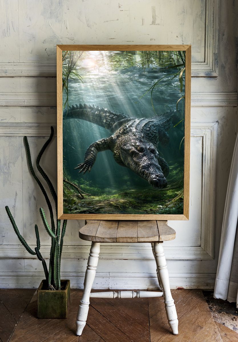 Underwater Crocodile Illustration Poster. — room view 1