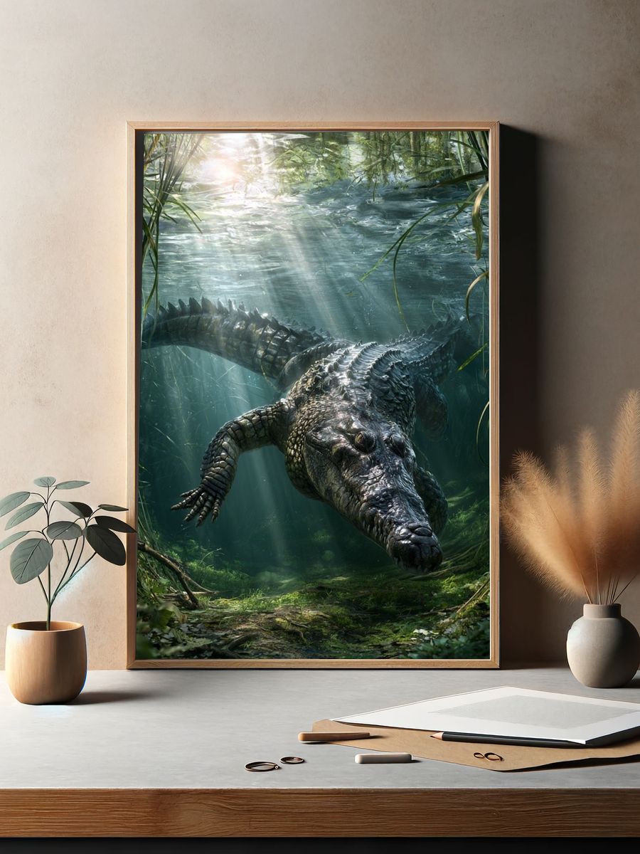 Underwater Crocodile Illustration Poster. — room view 2