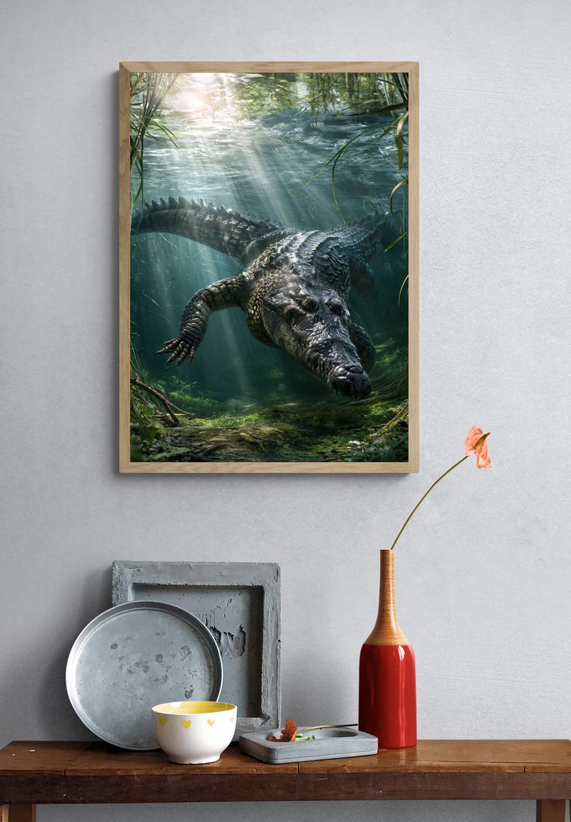 Underwater Crocodile Illustration Poster. — room view 3