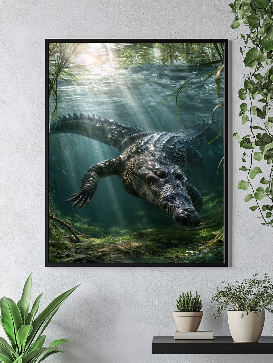 Underwater Crocodile Illustration Poster. — room view 4