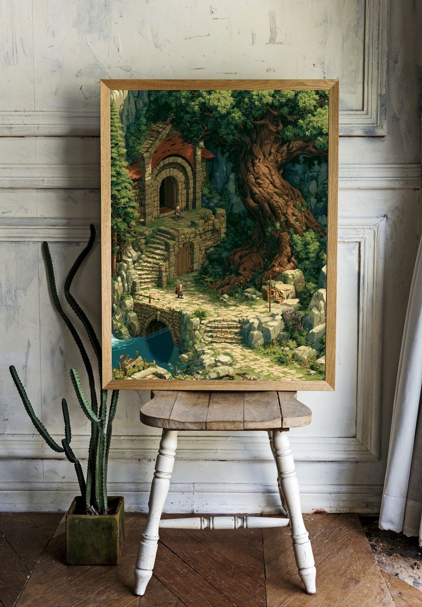 Fantasy Waterfall Ruins Illustration Poster. — room view 1