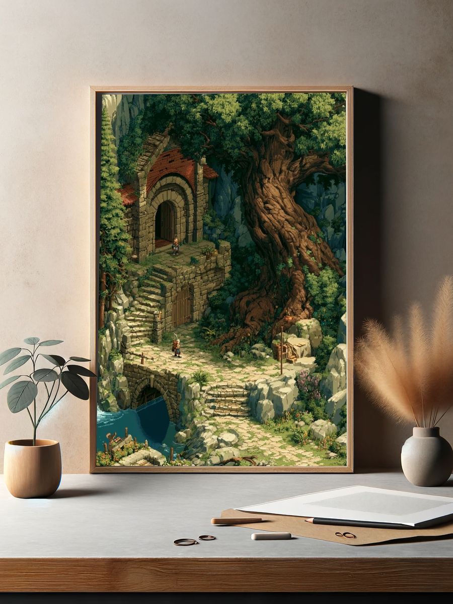 Fantasy Waterfall Ruins Illustration Poster. — room view 2
