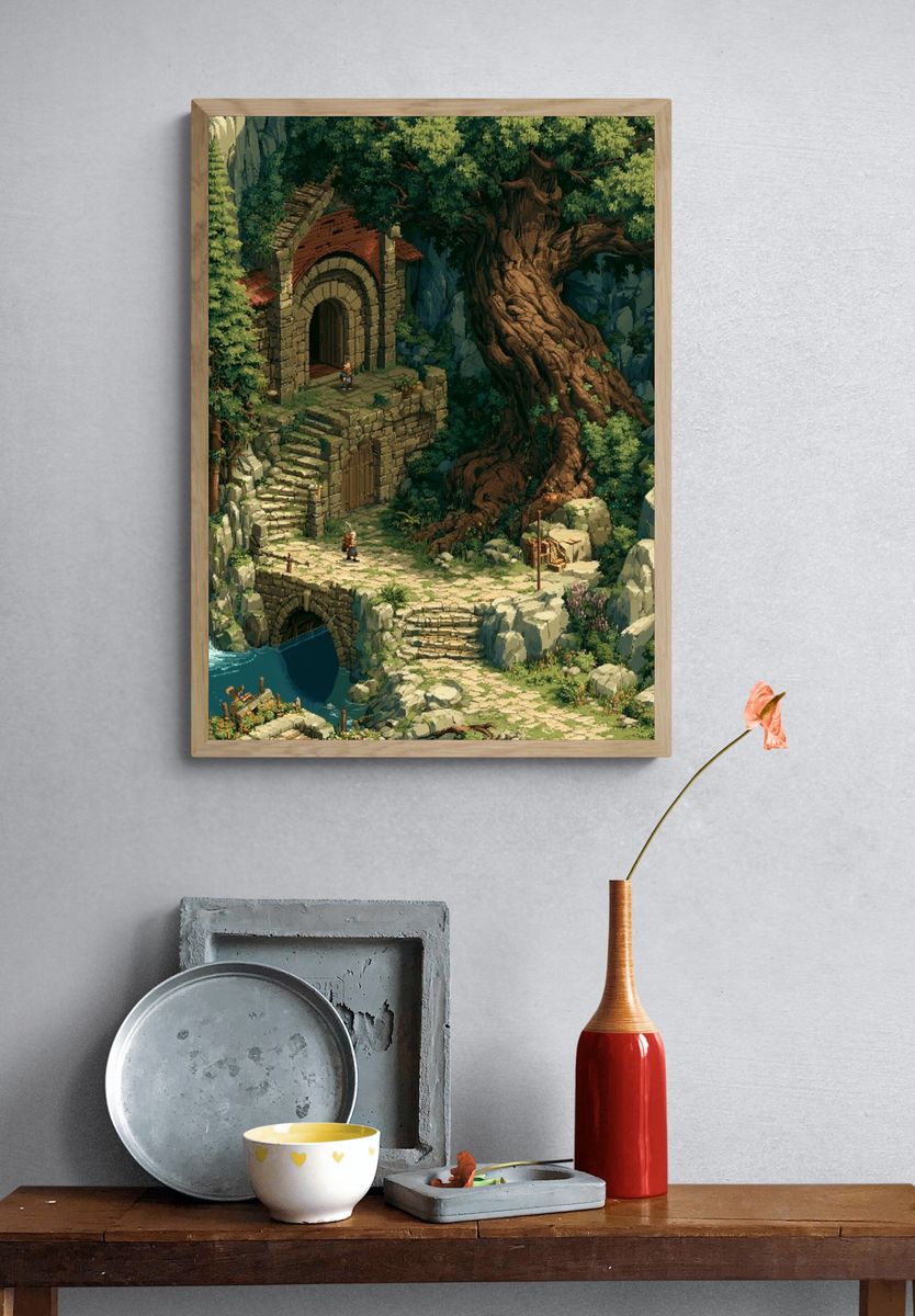 Fantasy Waterfall Ruins Illustration Poster. — room view 3