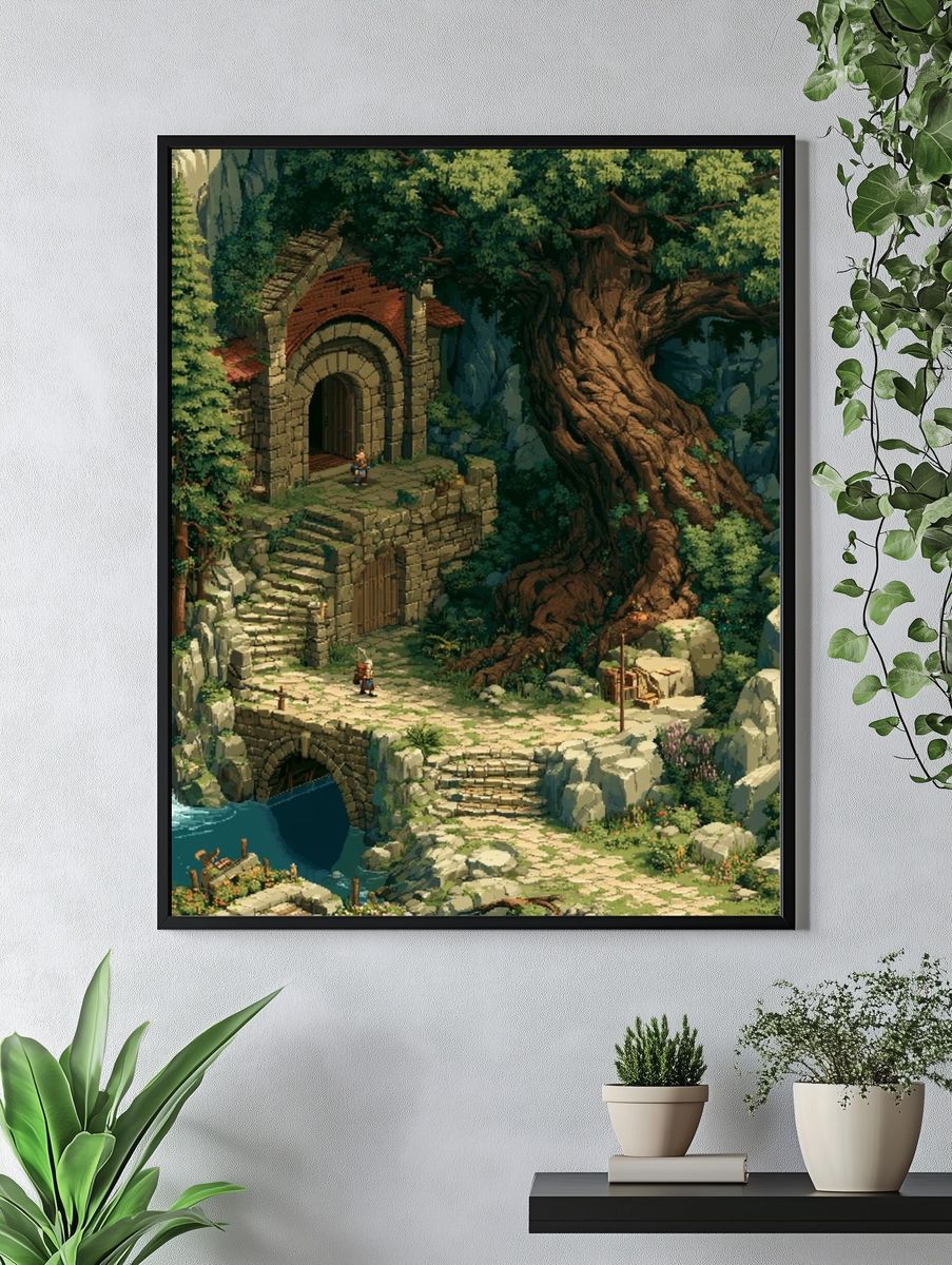 Fantasy Waterfall Ruins Illustration Poster. — room view 4