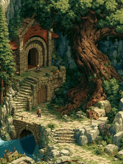 Fantasy Waterfall Ruins Illustration Poster.