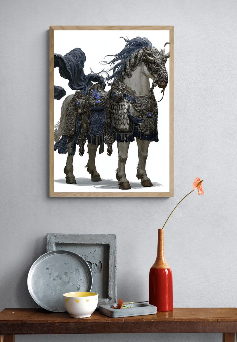 Armored Fantasy Horse Illustration Poster. — room view 3