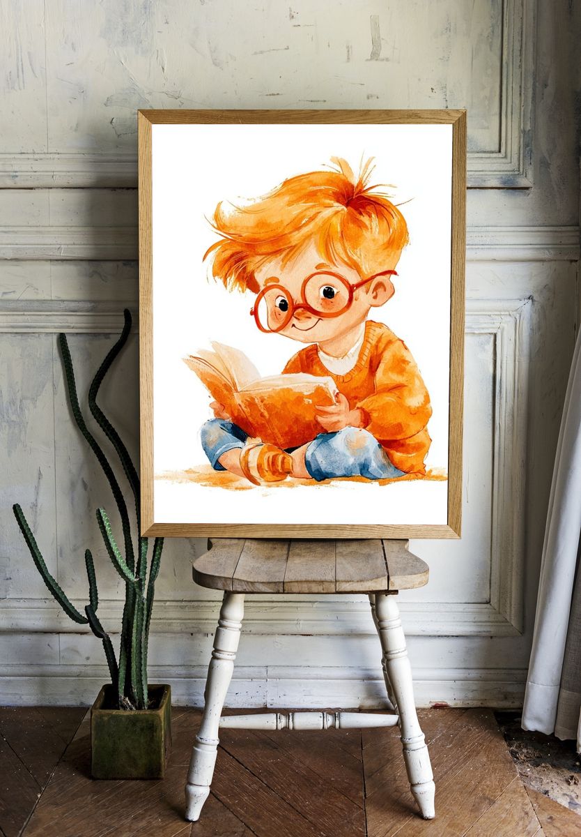 Reading Child Watercolor Print. room preview