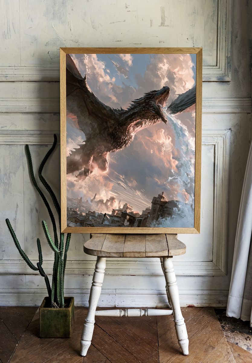 Dragon Over Cityscape Illustration Poster. — room view 1