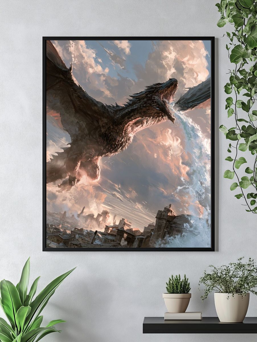 Dragon Over Cityscape Illustration Poster. — room view 4