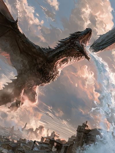 Dragon Over Cityscape Illustration Poster.