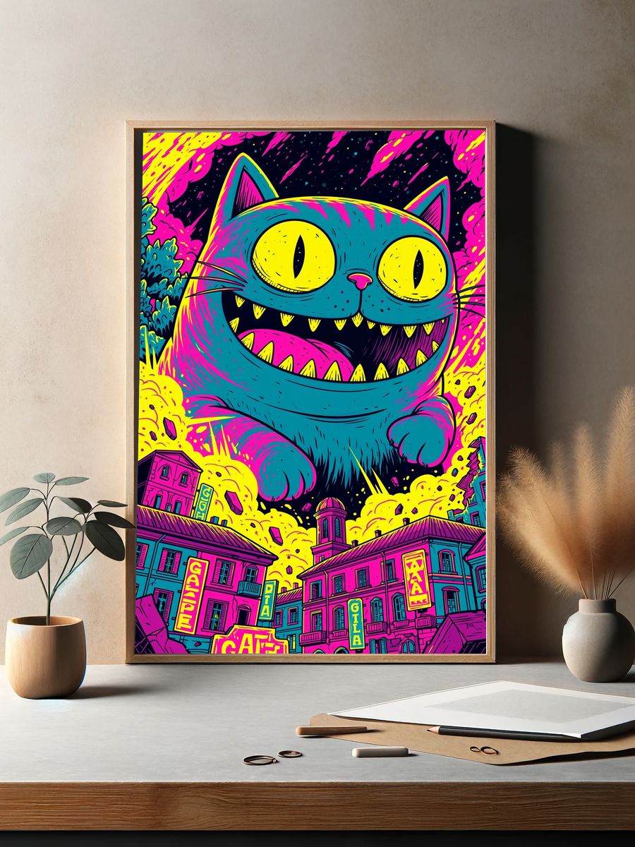 Neon Cat Cityscape Illustration Poster. — room view 2
