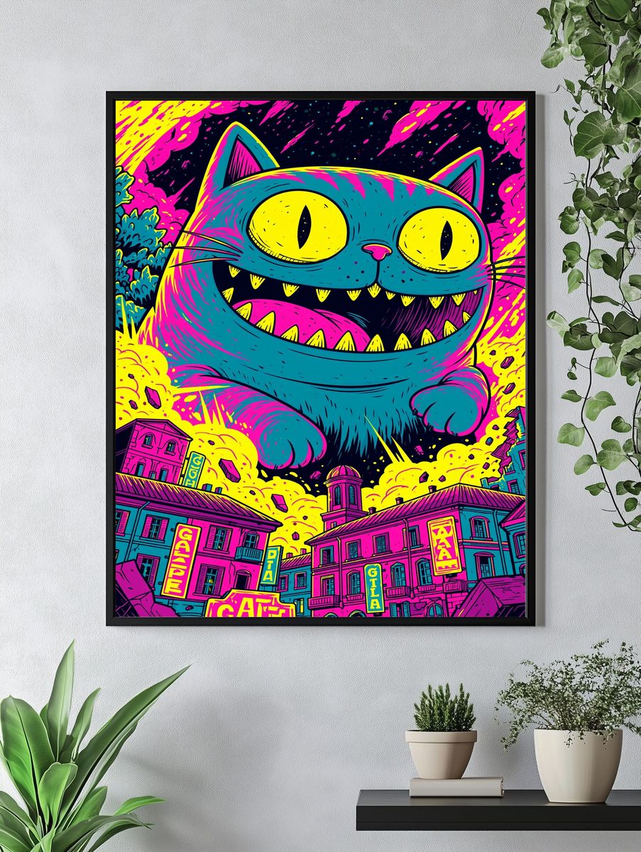Neon Cat Cityscape Illustration Poster. — room view 4