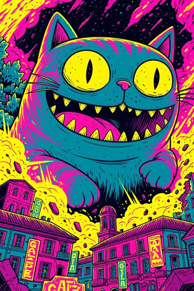 Neon Cat Cityscape Illustration Poster.