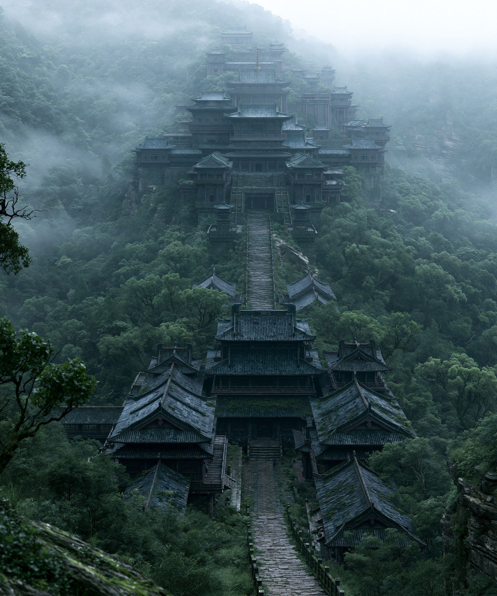 Misty Mountain Temple Print. poster — illustration art