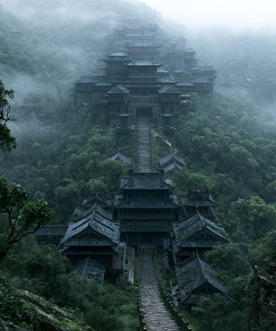 Misty Mountain Temple Print. poster