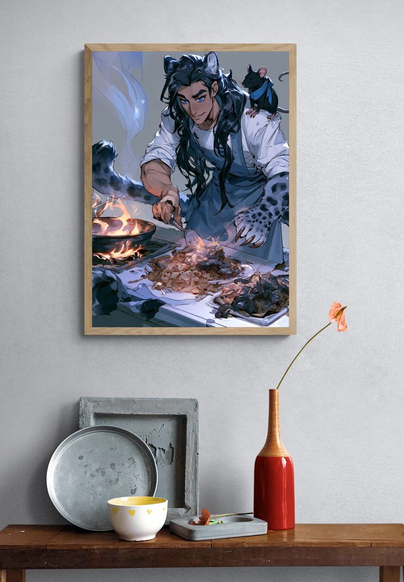 Fantasy Cat Chef Illustration Poster. — room view 3