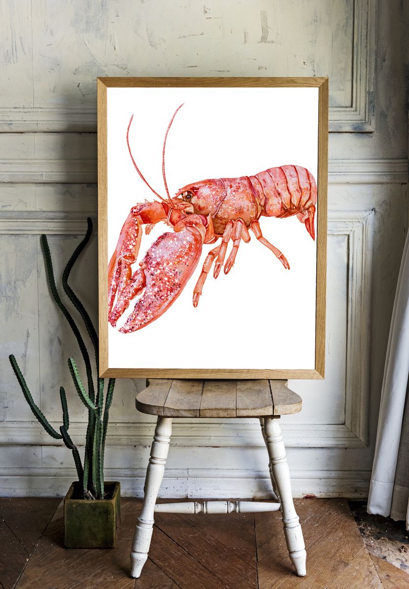 Pink Lobster Watercolor Print. room preview