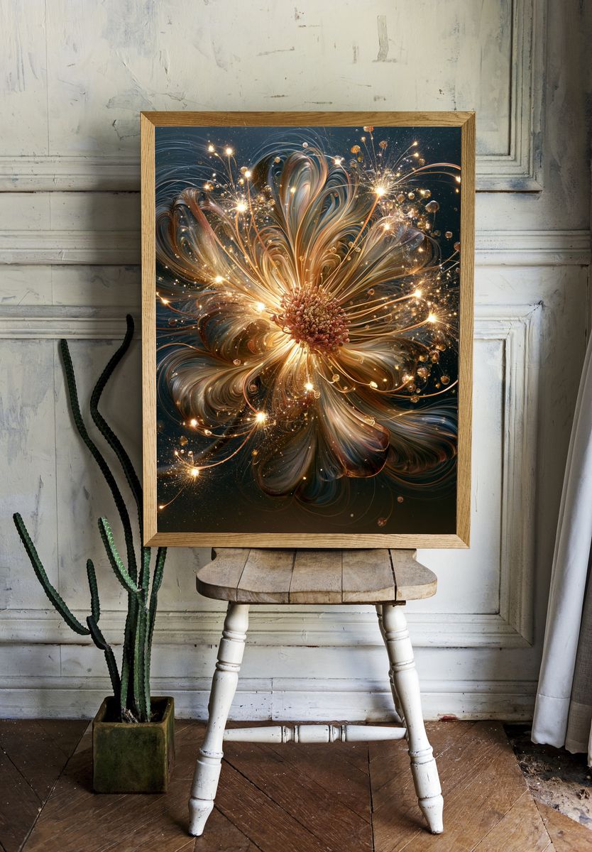 Golden Cosmic Flower Abstract Poster. — room view 1