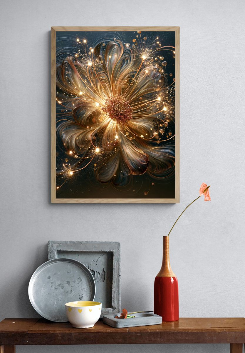 Golden Cosmic Flower Abstract Poster. — room view 3
