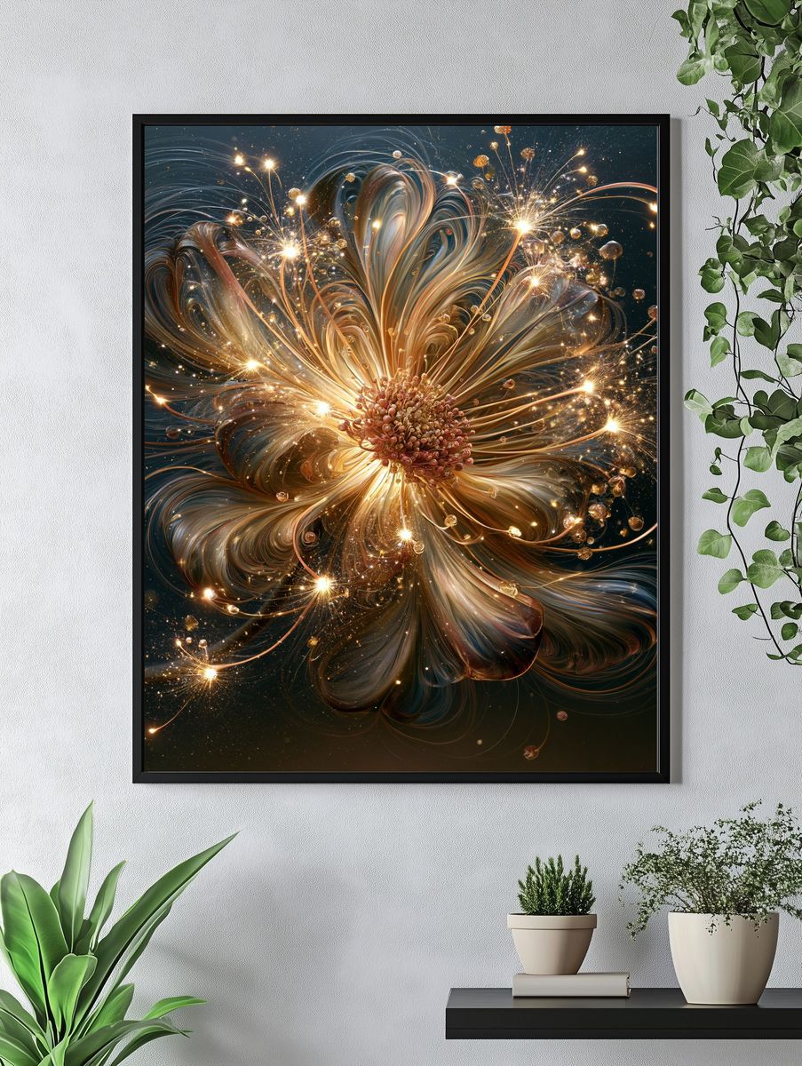 Golden Cosmic Flower Abstract Poster. — room view 4