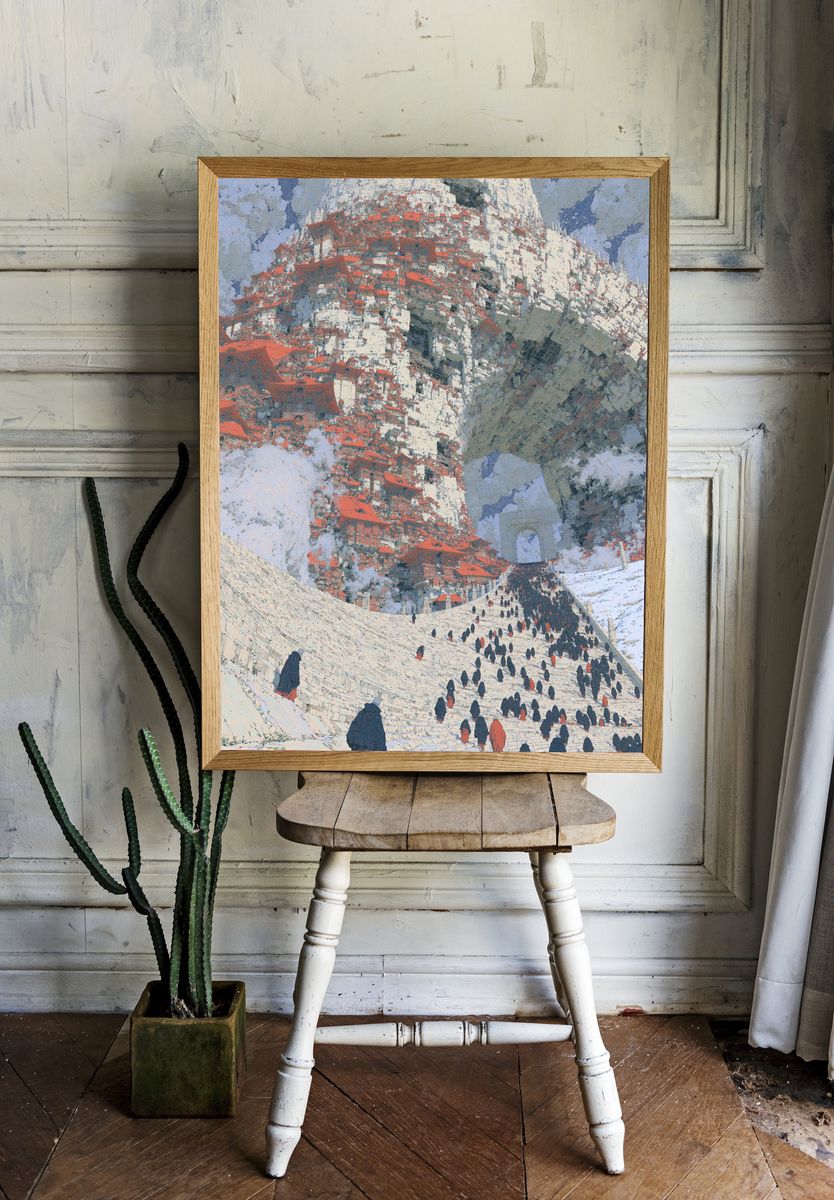 Mountain Temple Procession Illustration Poster. room preview