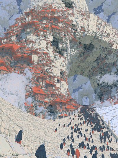 Mountain Temple Procession Illustration Poster.