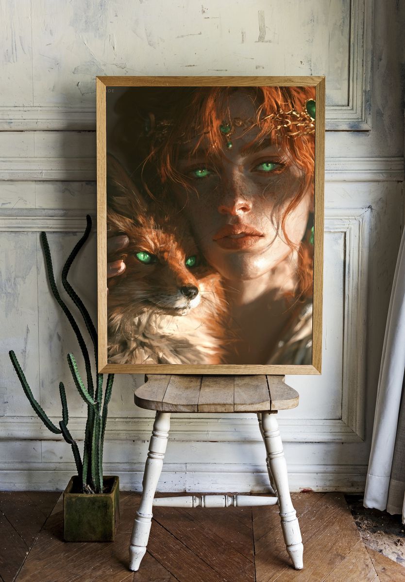 Mystic Fox Portrait Print. room preview