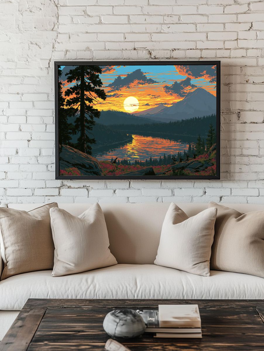 Sunset Mountain Lake Illustration Poster. — room view 1