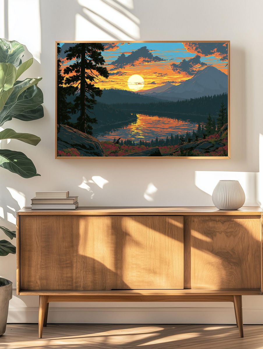 Sunset Mountain Lake Illustration Poster. — room view 3