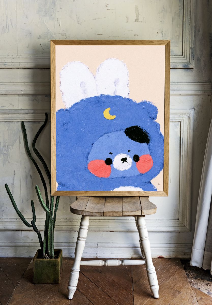 Blue Bunny Face Illustration Print. room preview